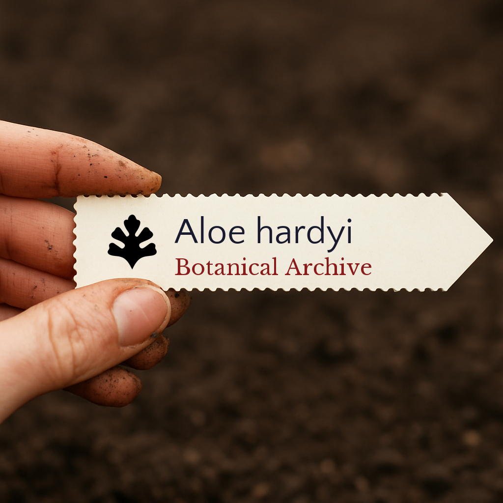 Etichetta per piante stampata per Aloe hardyi su sfondo di terreno