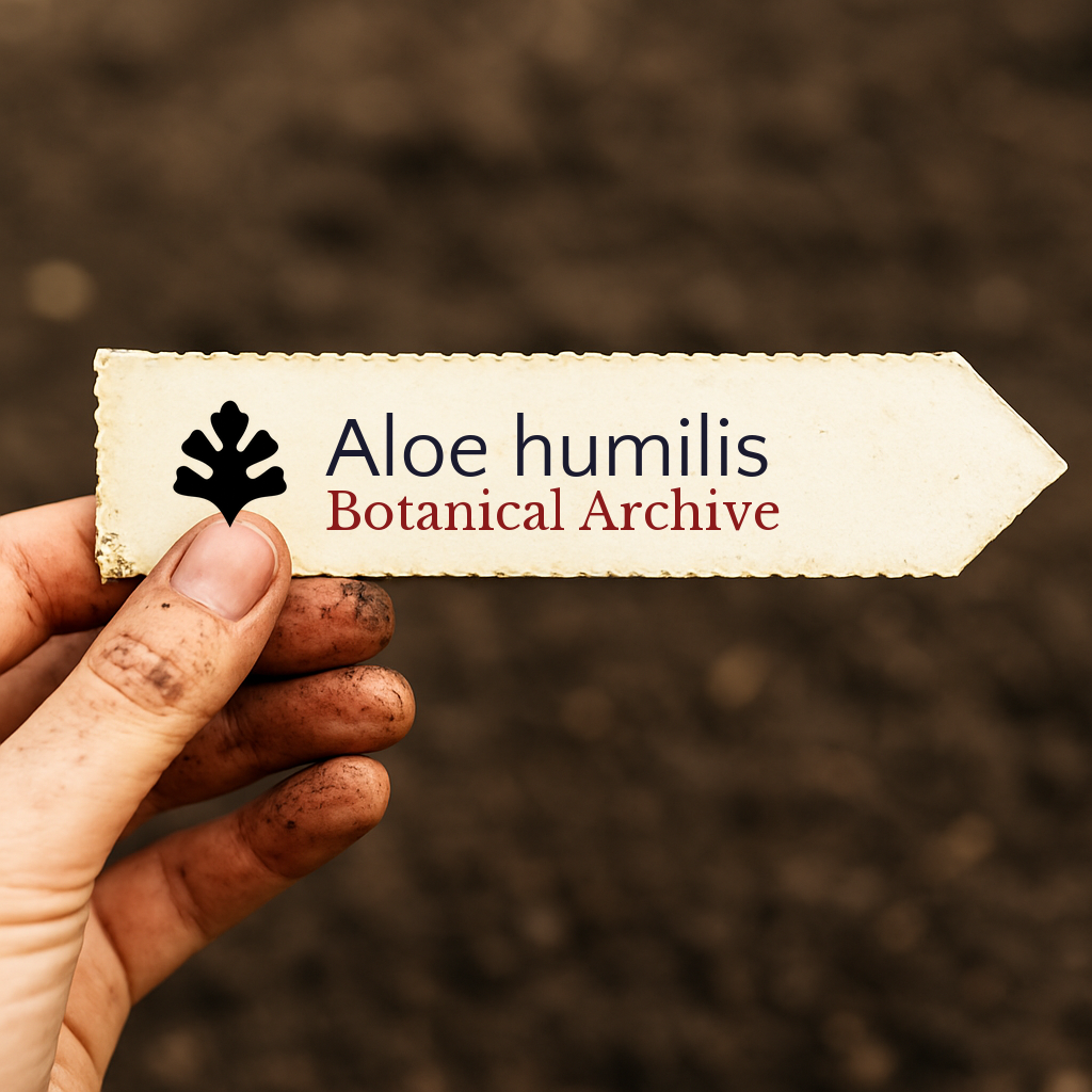 Printed plant label for Aloe humilis held by hand with soil background