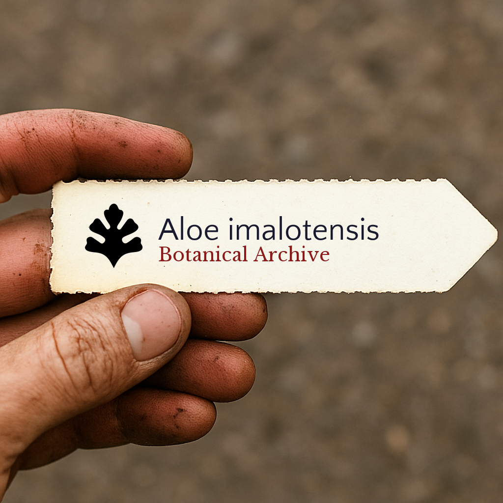 Etichetta per pianta stampata per Aloe imalotensis tenuta in mano con sfondo di terra