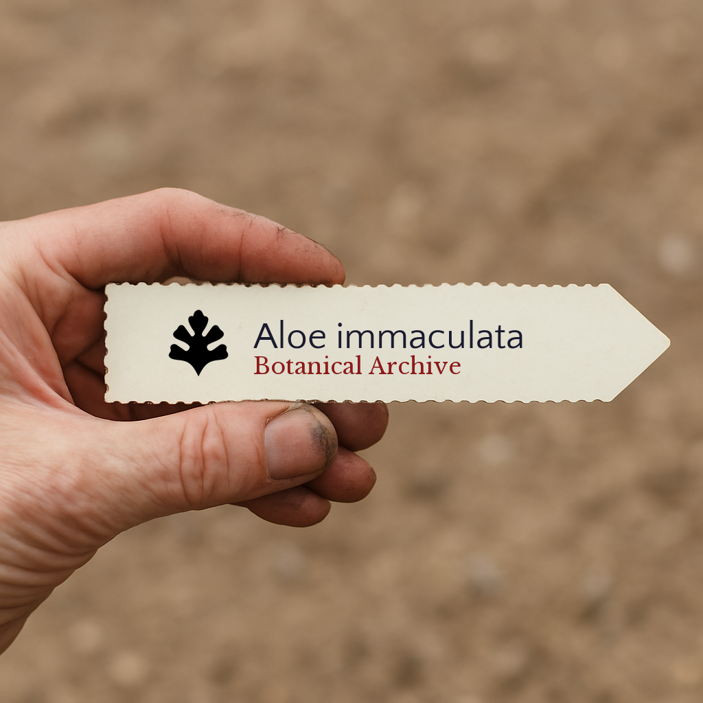 Etichetta per pianta stampata per Aloe immaculata tenuta a mano su sfondo di terreno