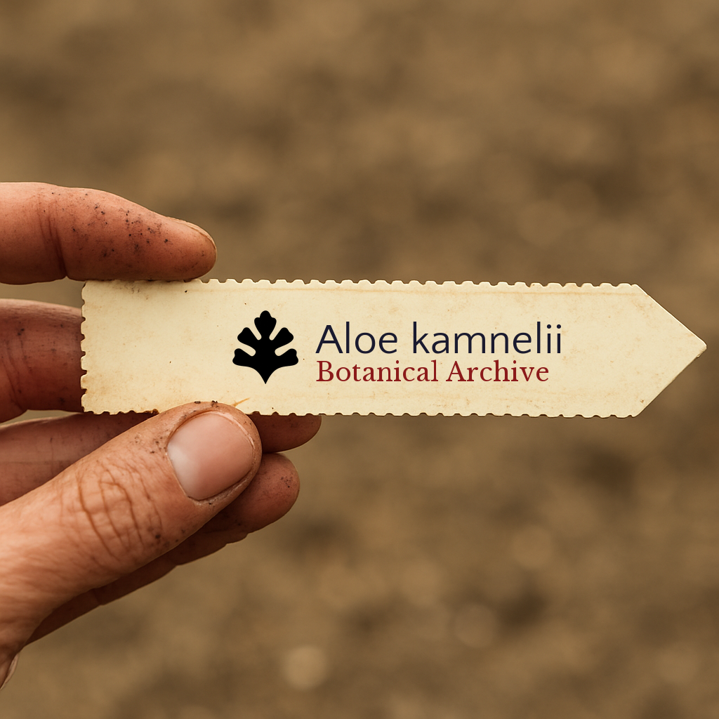 Etichetta stampata per pianta di Aloe kamnelii tenuta in mano con sfondo di terra
