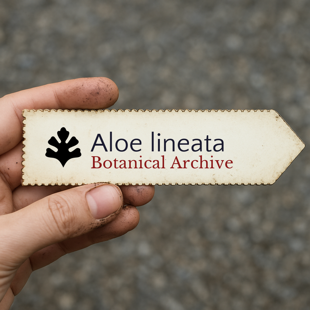 Printed plant label for Aloe lineata with botanical archive logo held by hand