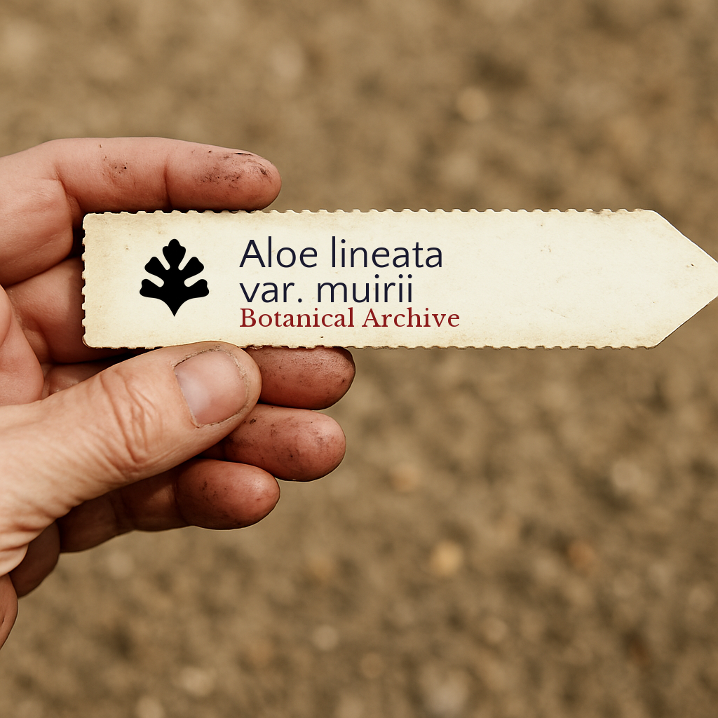 Etichetta stampata per pianta di Aloe lineata var. muirii tenuta in mano con sfondo di terriccio