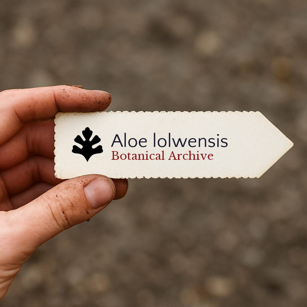 Etichetta stampata per pianta di Aloe lolwensis tenuta in mano con sfondo di terra