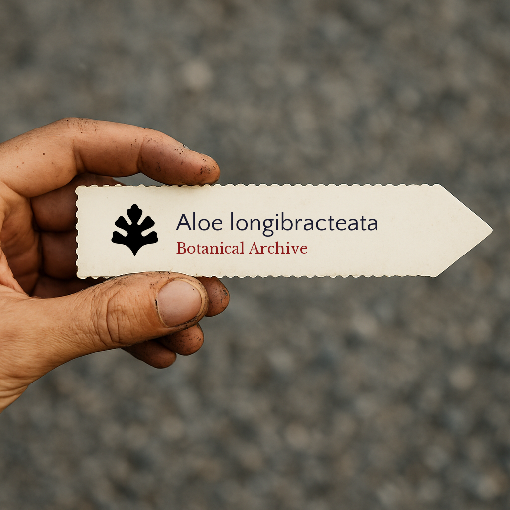 Printed plant label for Aloe longibracteata held by a dirt-covered hand outdoors