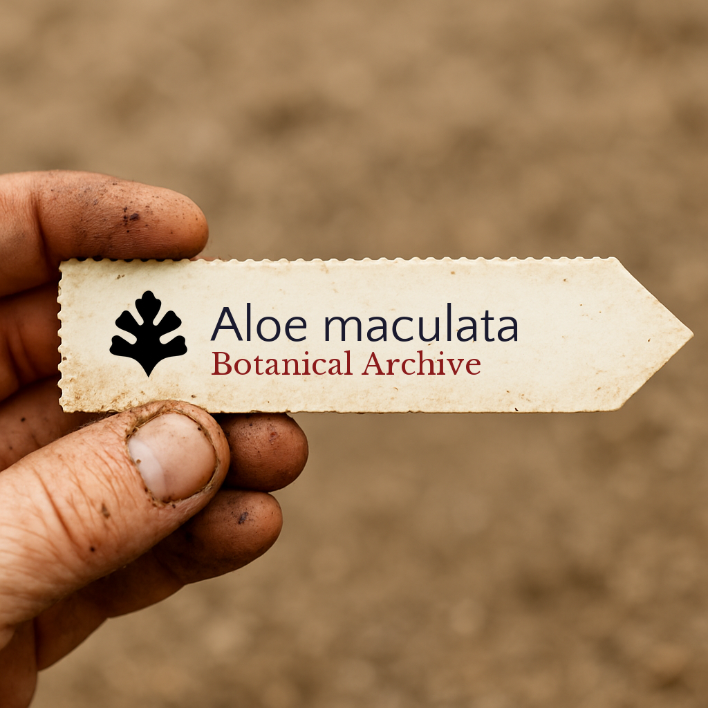 Printed plant label for Aloe maculata held by dirty hand against soil background