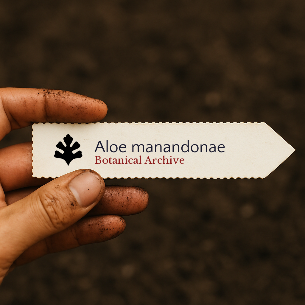 Etichetta per pianta stampata per Aloe manandonae tenuta a mano con sfondo di terreno
