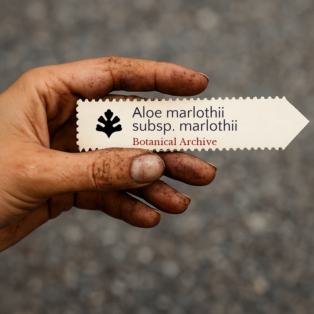 Etichetta per pianta stampata per Aloe marlothii subsp. marlothii tenuta da una mano sporca all'aperto