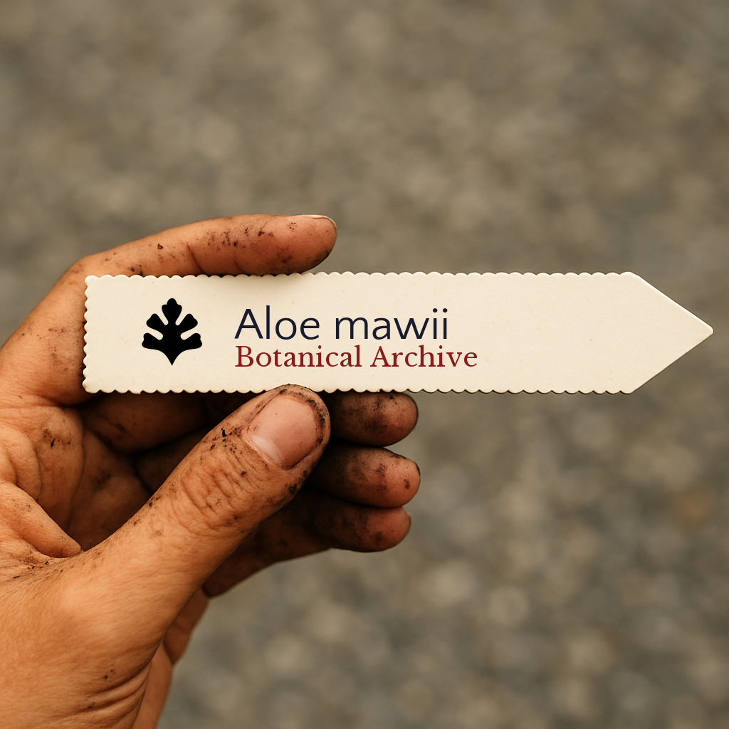 Printed plant label for Aloe mawii held by dirty hand with scalloped edges