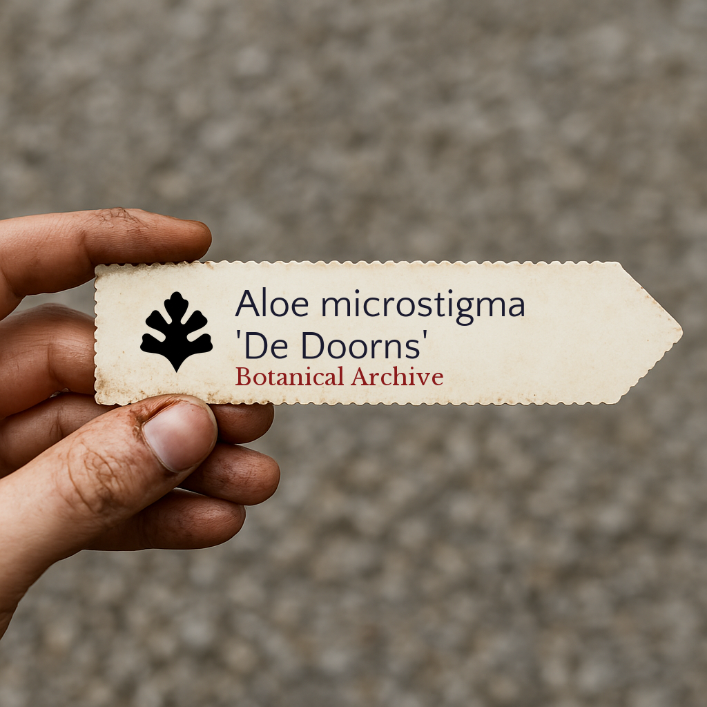 Etichetta per pianta stampata per Aloe microstigma 'De Doorns' tenuta in mano su sfondo strutturato