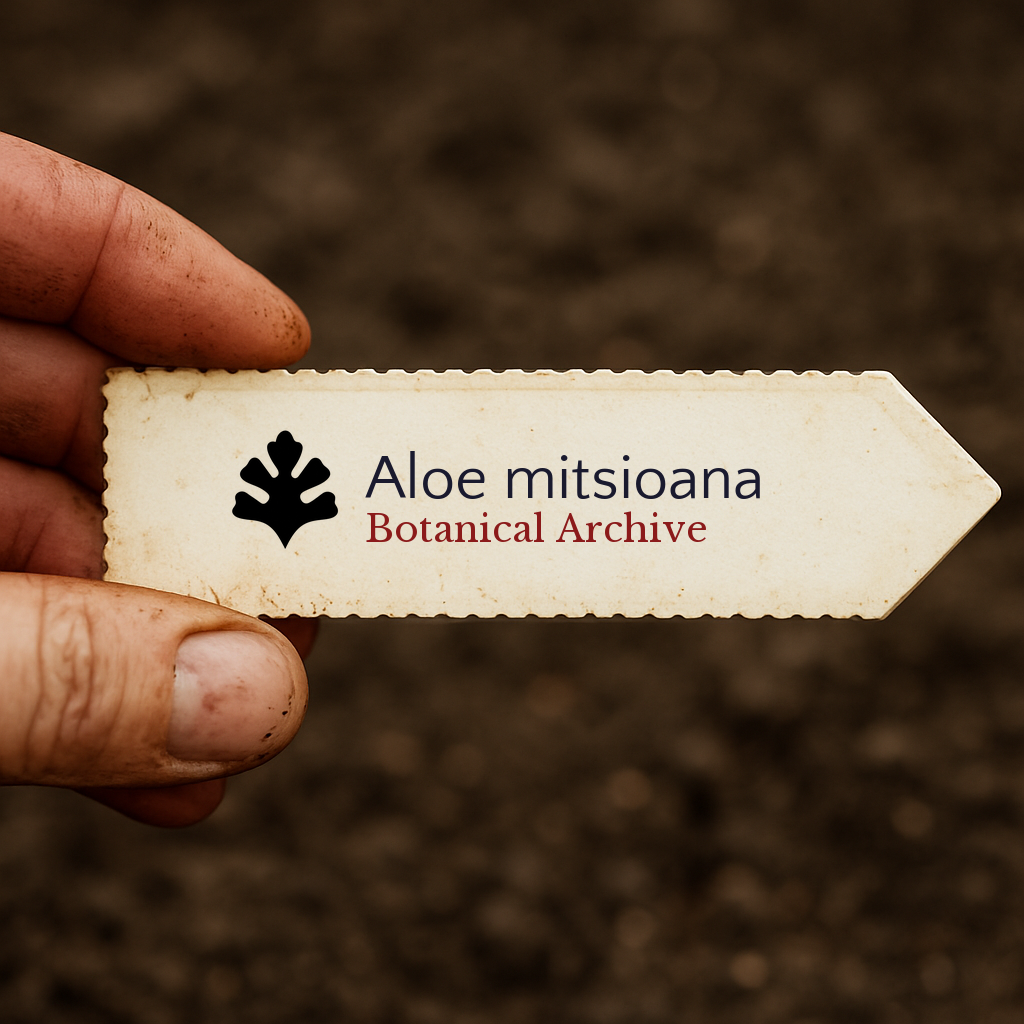 Printed plant label for Aloe mitsioana held over soil background