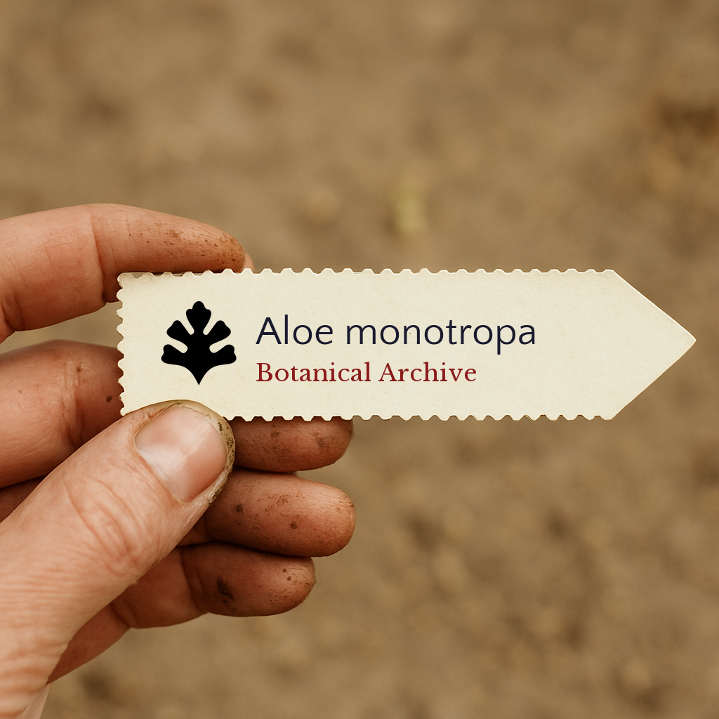 Printed plant label for Aloe monotropa held by dirty hand over soil background