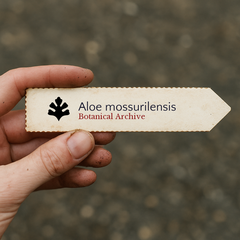 Printed plant label for Aloe mossurilensis held by hand with dirt on fingers