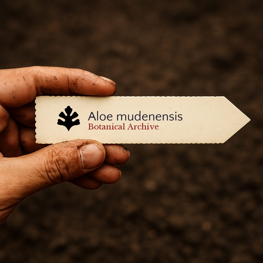 Printed plant label for Aloe mudenensis held by dirty hand over soil background