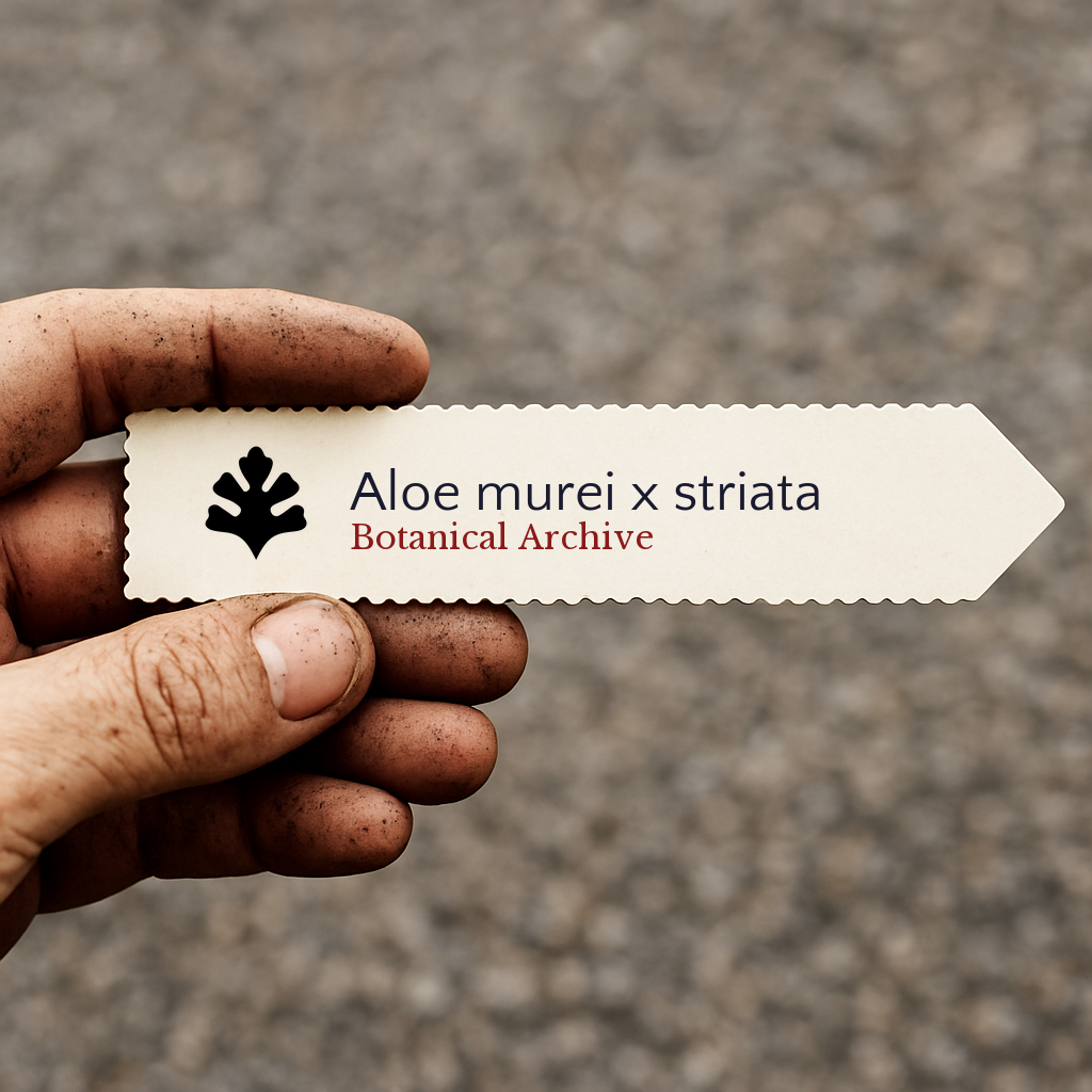 Etichetta vegetale stampata per Aloe murei x striata tenuta da mano sporca all'aperto