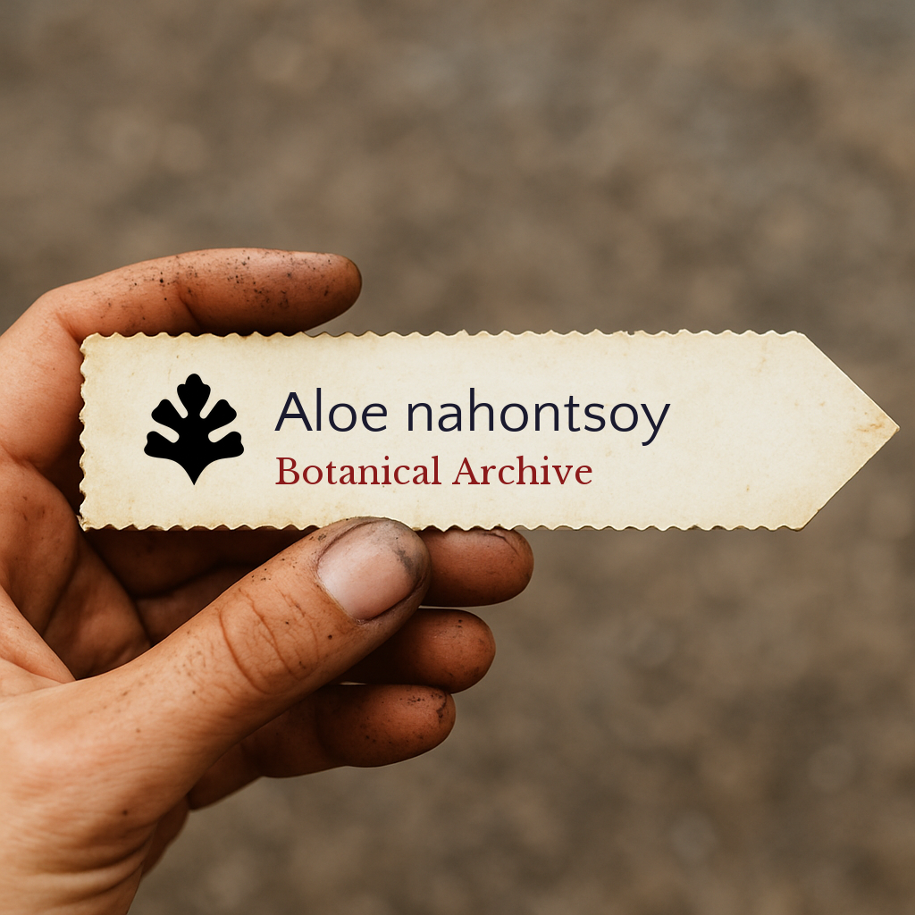 Printed plant label for Aloe nahontsoy held by dirty hand outdoors