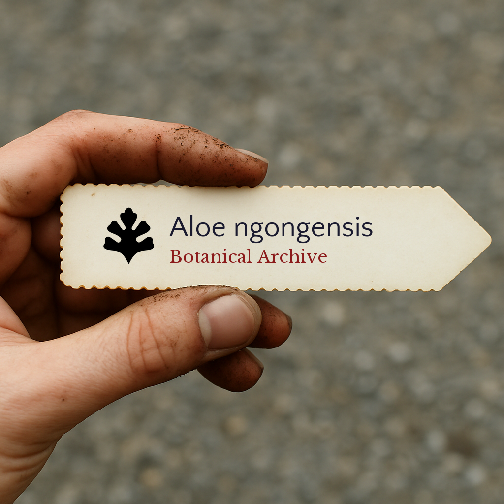 Printed plant label for Aloe ngongensis held by hand with dirt on fingers