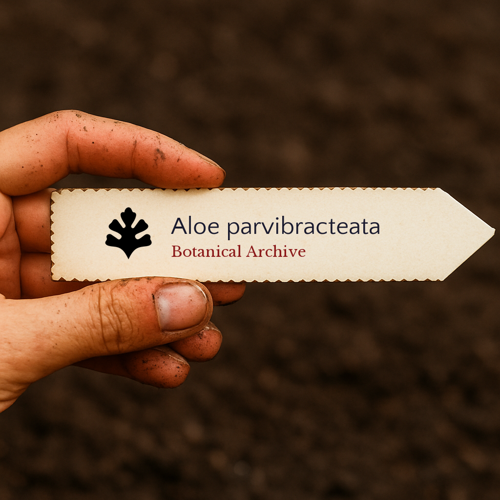 Printed plant label for Aloe parvibracteata held over soil background