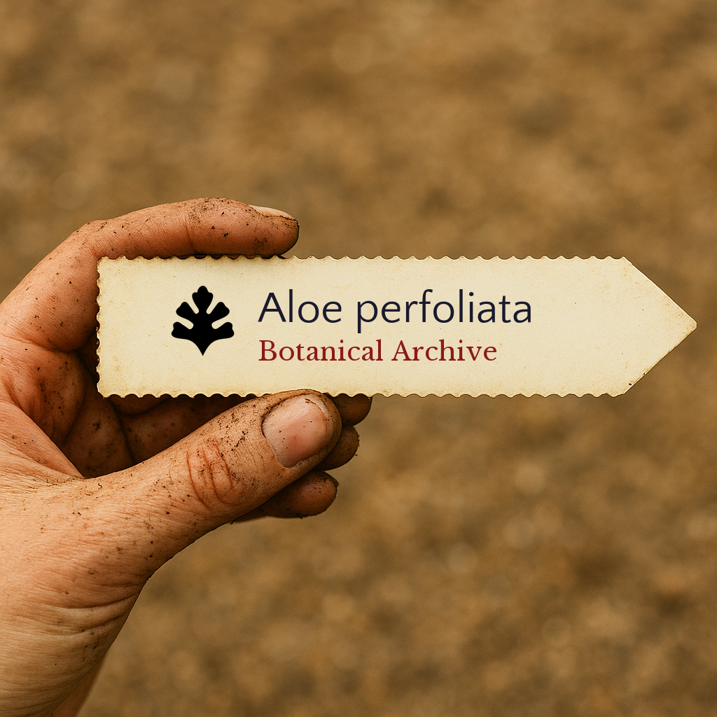 Printed plant label for Aloe perfoliata held by a dirt-covered hand against soil background