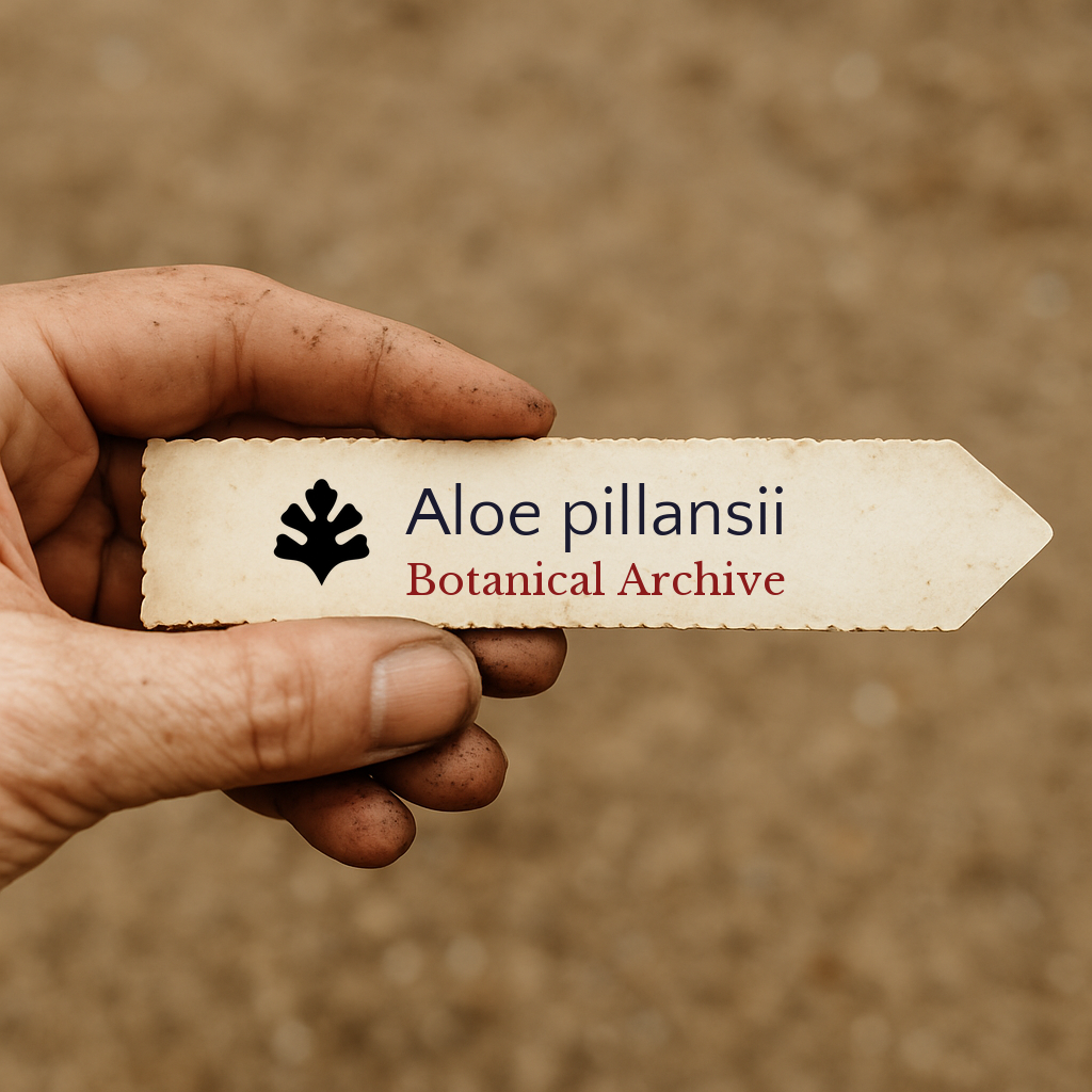 Printed plant label for Aloe pillansii held by hand with soil background
