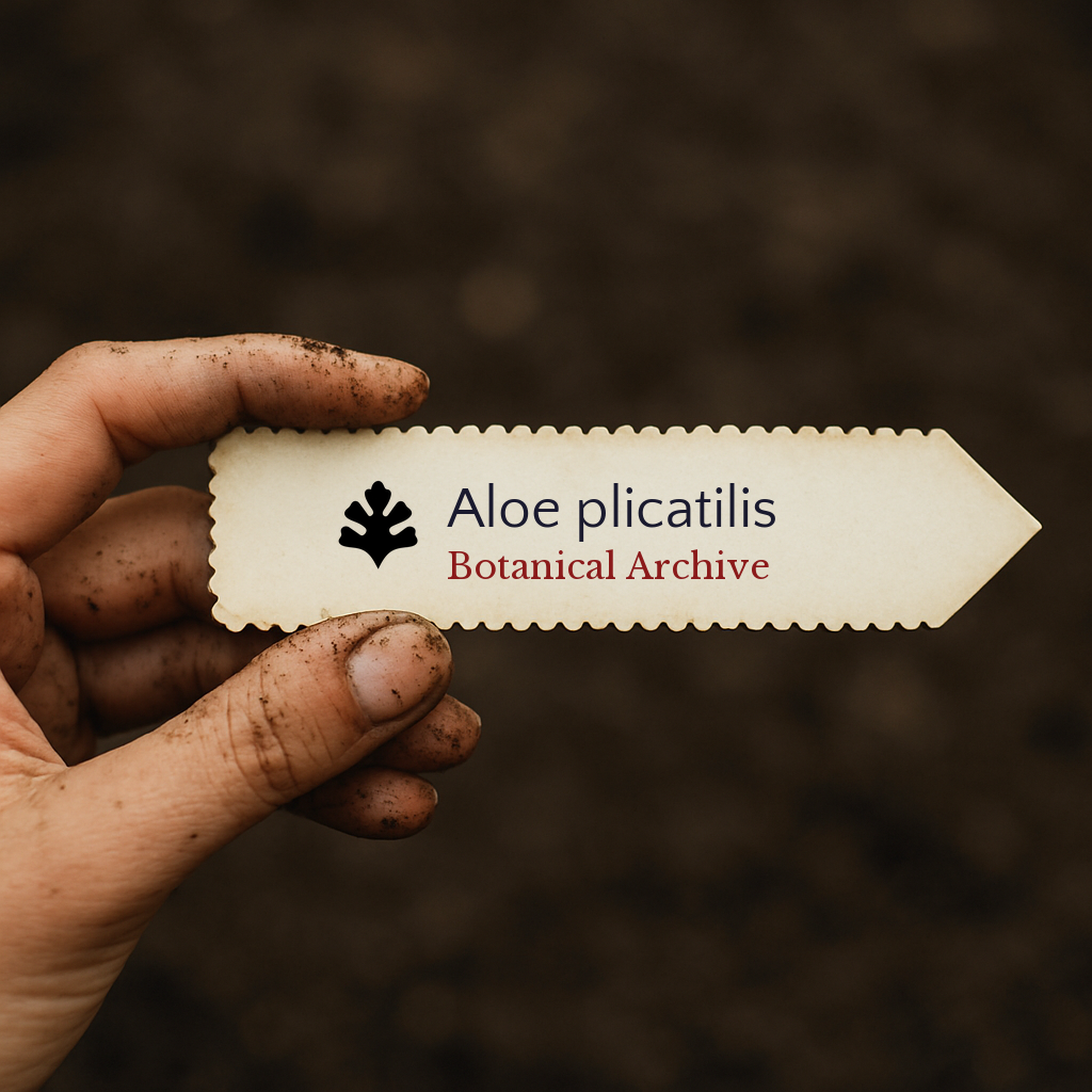 Etichetta stampata per pianta di Aloe plicatilis tenuta da mano sporca su sfondo di terreno