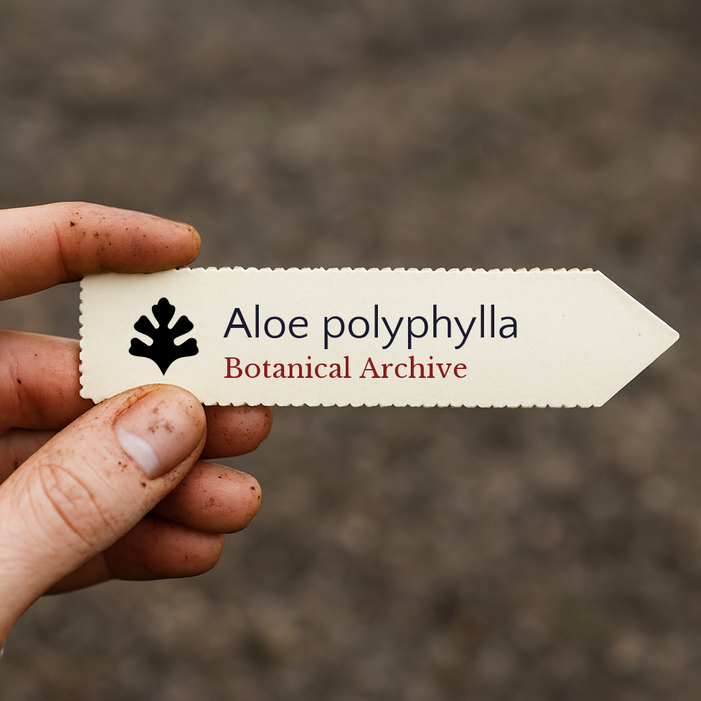 Etichetta per pianta stampata per Aloe polyphylla tenuta a mano con sfondo di terra