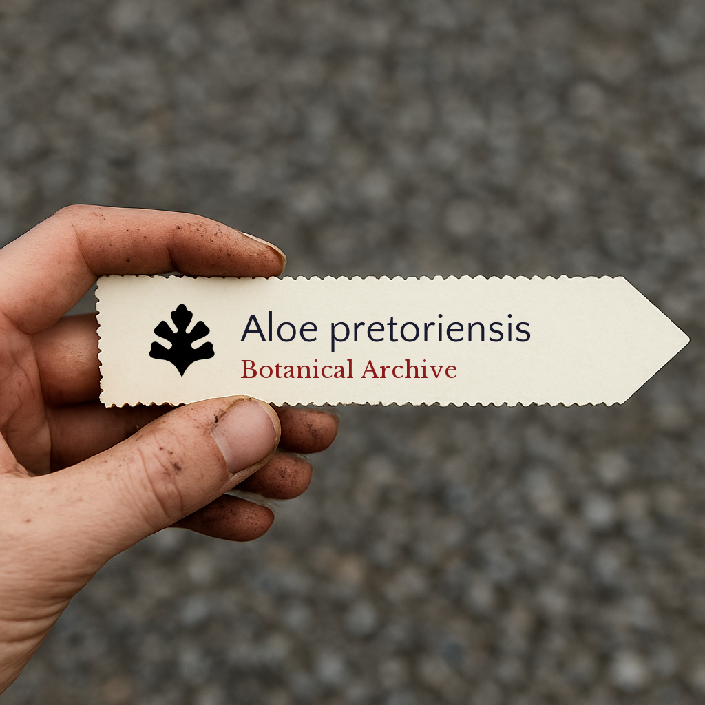 Printed plant label for Aloe pretoriensis held by hand with dirt background