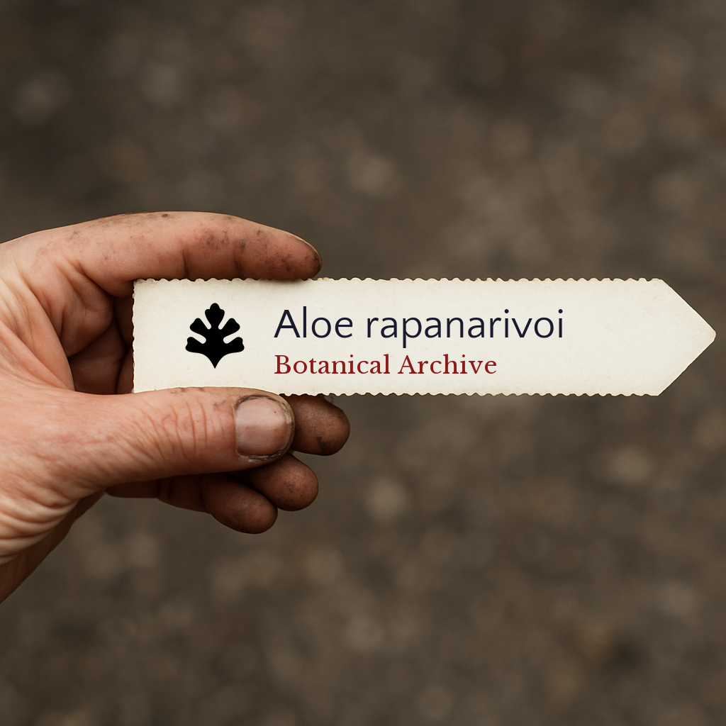 Printed plant label for Aloe rapanarivoi held by hand with dirt background