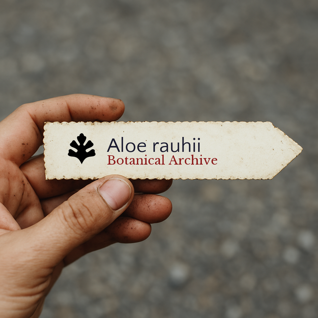 Printed plant label for Aloe rauhii held by hand with dirt on fingers
