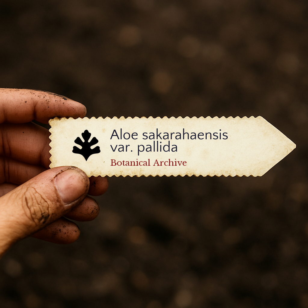 Printed plant label for Aloe sakarahaensis var. pallida held by dirty hand over soil background