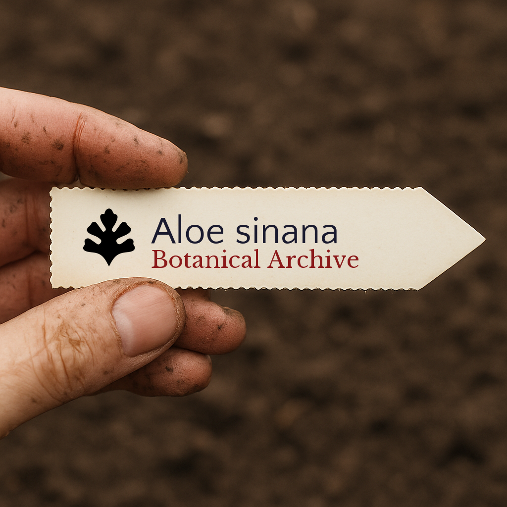 Printed plant label for Aloe sinana held by dirty hand over soil background