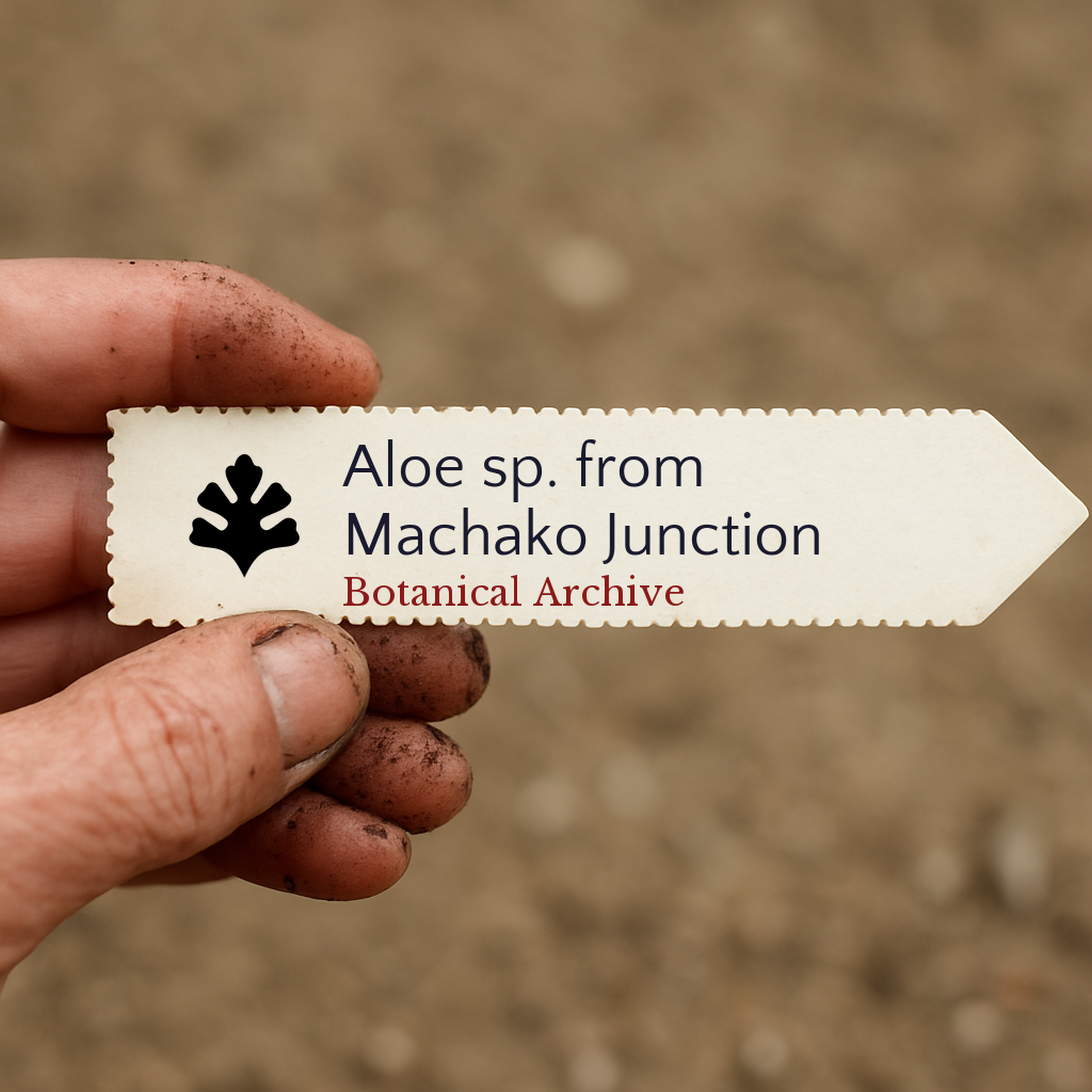 Printed plant label for Aloe sp. from Machako Junction held by dirty hand outdoors