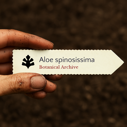 Etichetta stampata per pianta di Aloe spinosissima tenuta da mano sporca su sfondo di terra