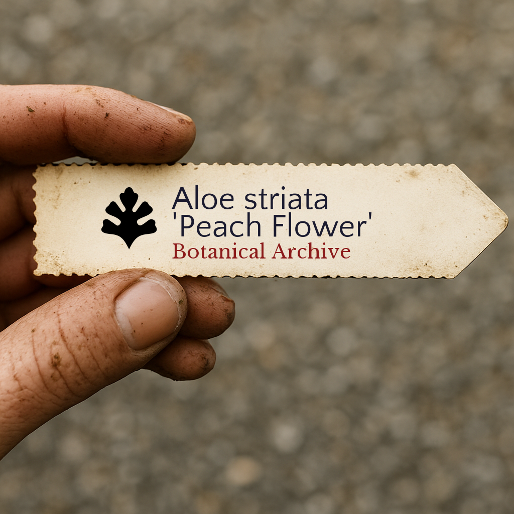 Etichetta stampata per pianta di Aloe striata 'Peach Flower' tenuta da mano sporca all'aperto