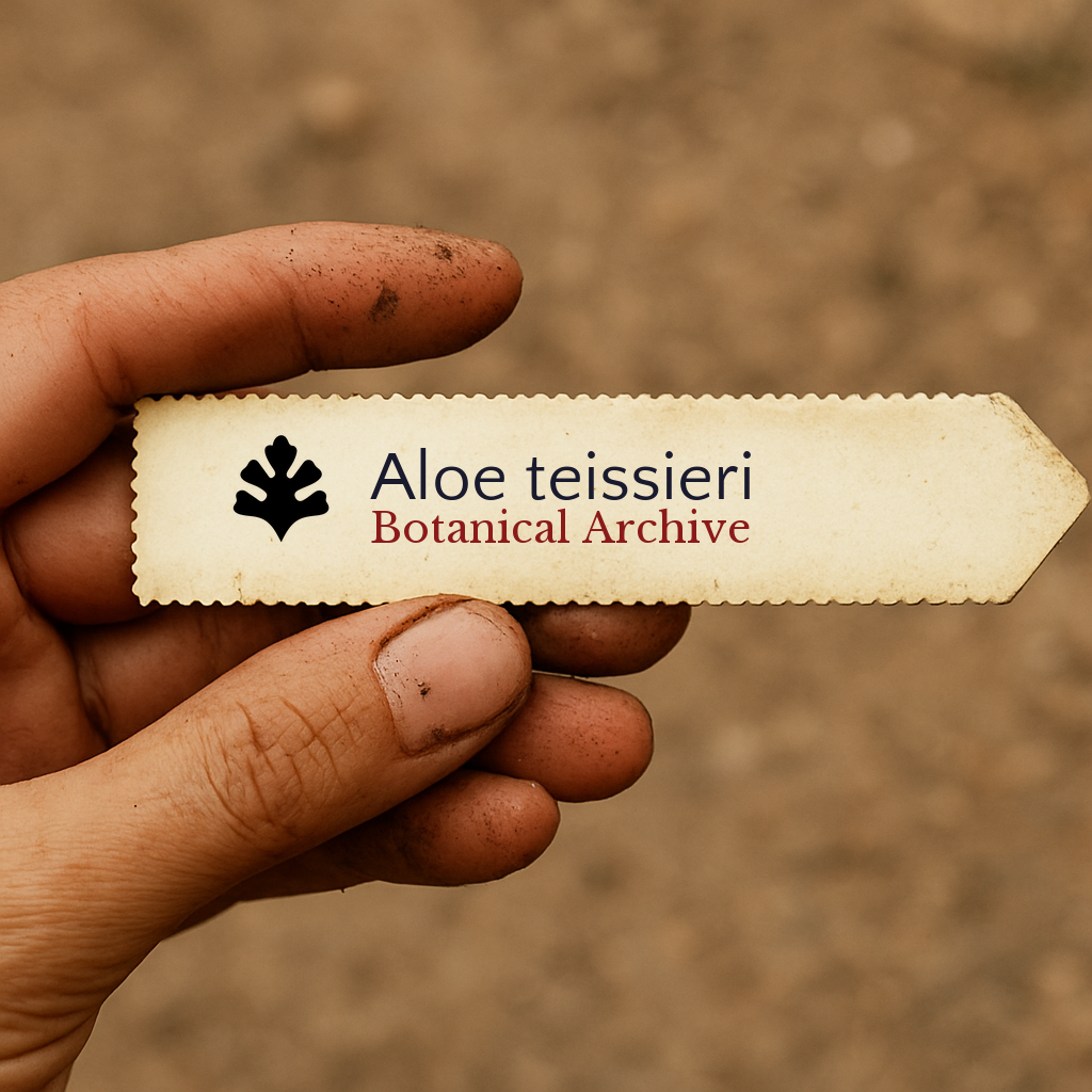 Printed plant label for Aloe teissieri held by hand with soil background