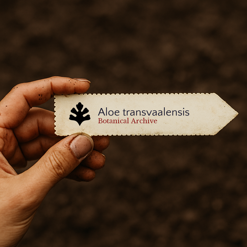 Printed plant label for Aloe transvaalensis held by hand with soil background