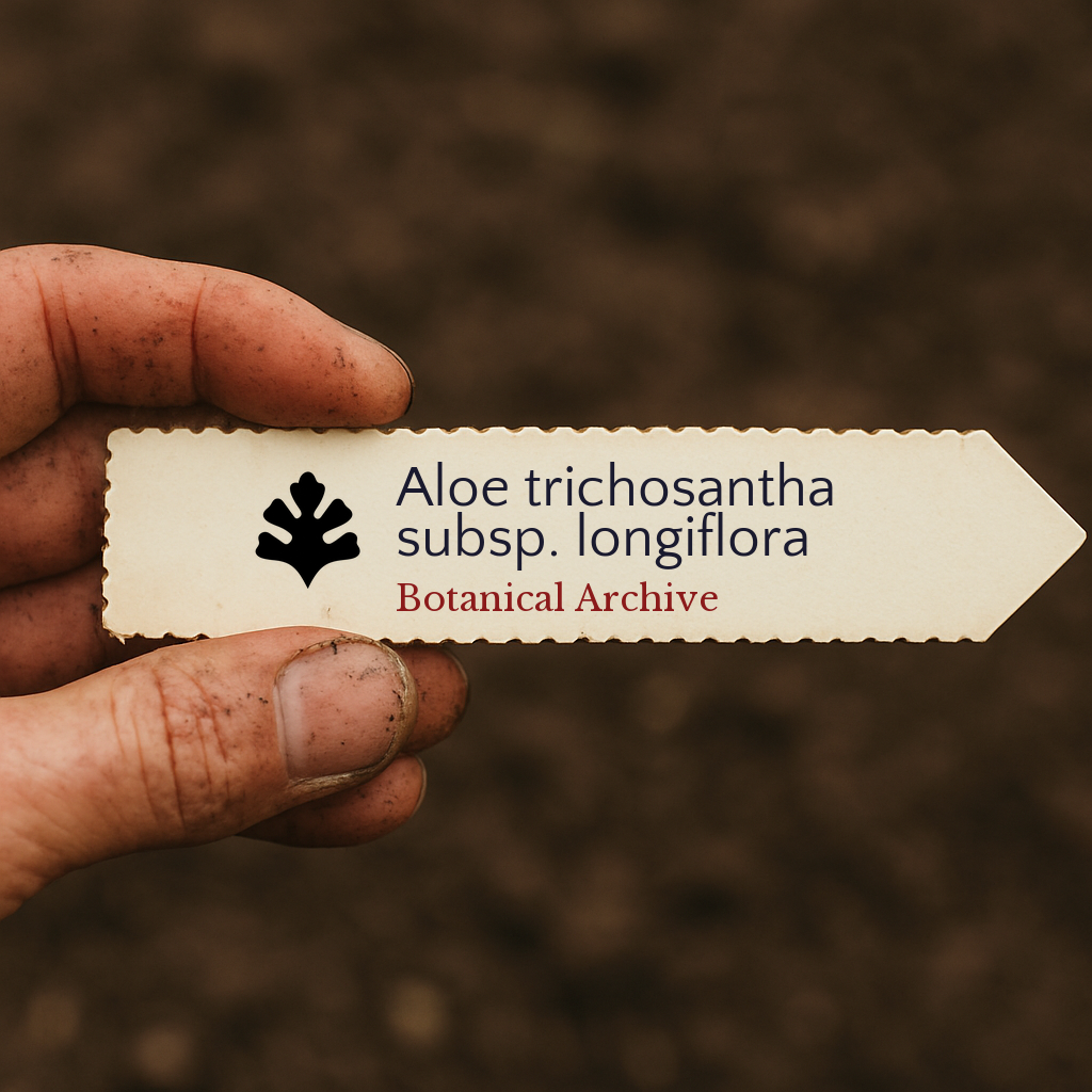 Printed plant label for Aloe trichosantha subsp. longiflora held by hand over soil background
