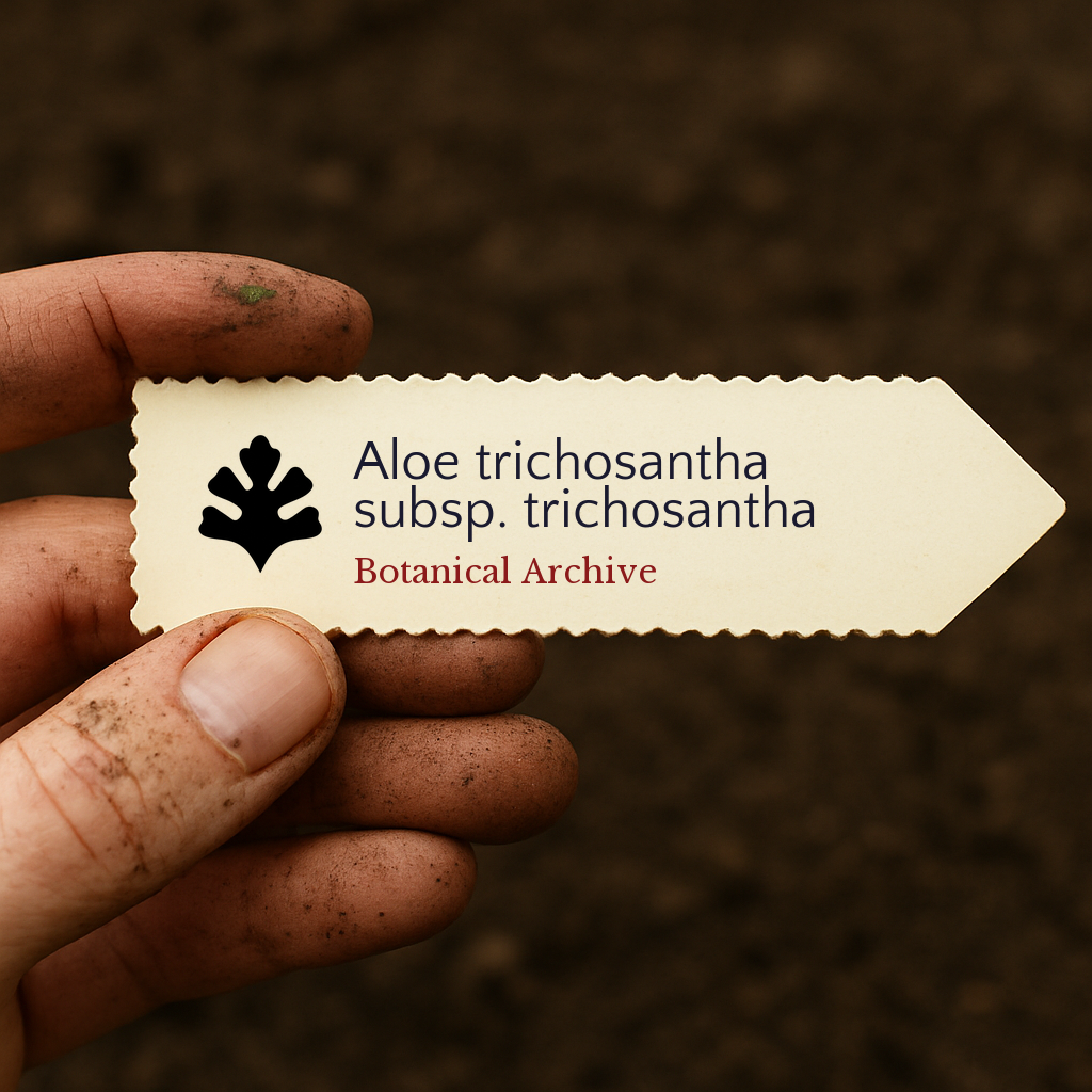 Etichetta per pianta stampata per Aloe trichosantha subsp. trichosantha tenuta in mano sporca su sfondo di terreno