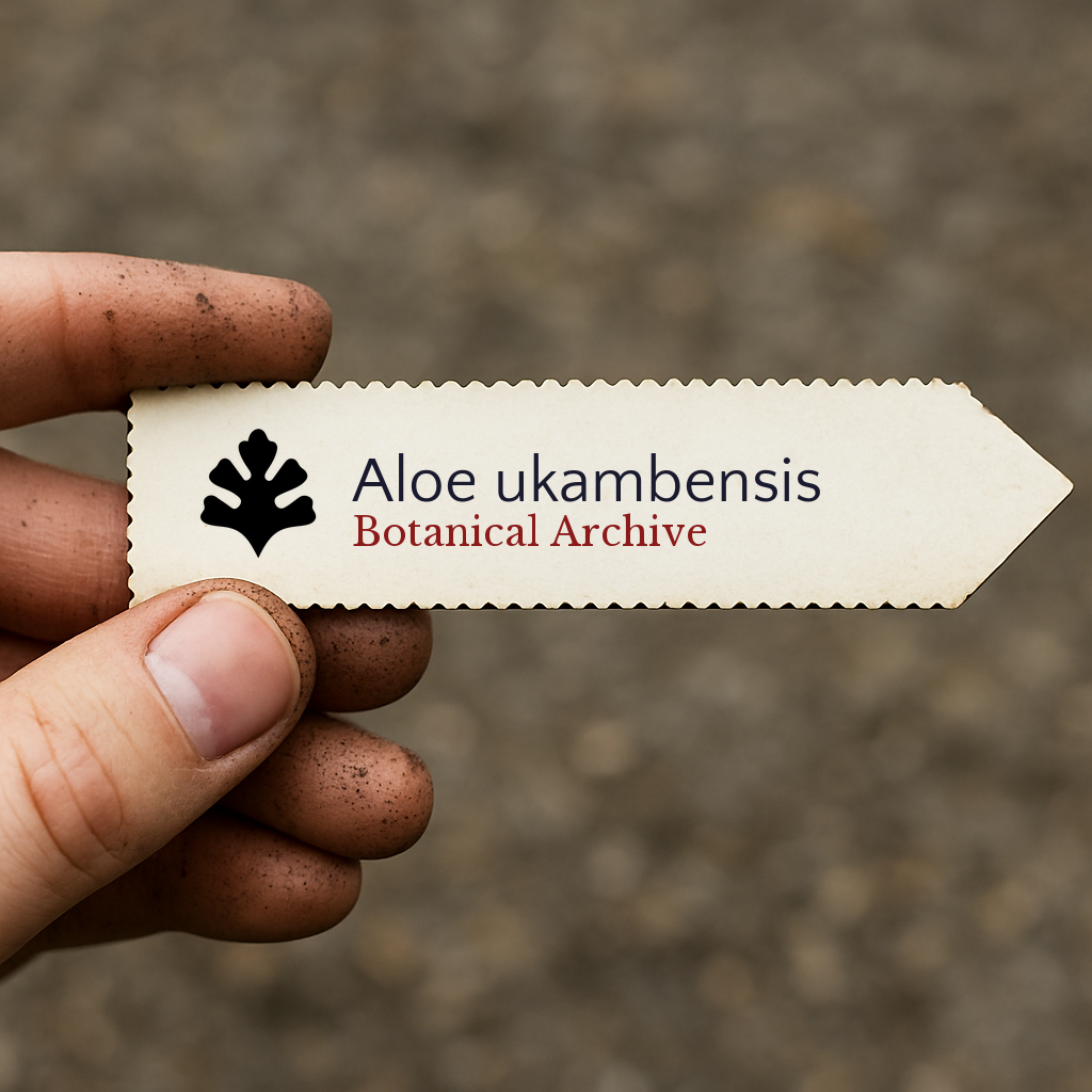 Printed plant label for Aloe ukambensis held by hand with soil on fingers