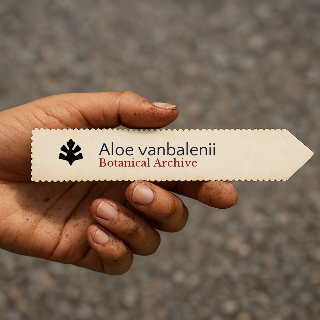 Etichetta per pianta stampata per Aloe vanbalenii tenuta in mano sporca all'aperto
