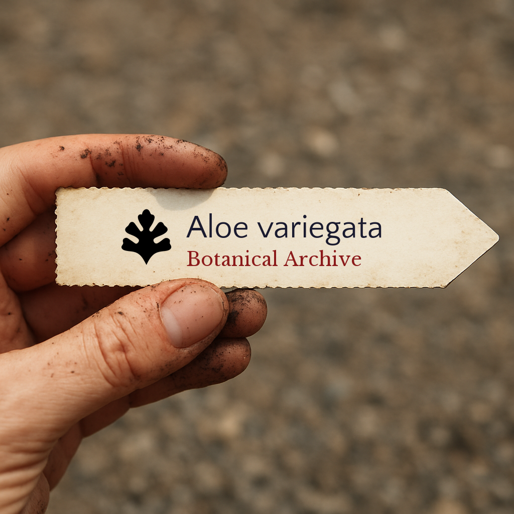 Etichetta per pianta stampata per Aloe variegata tenuta da mano sporca all'aperto