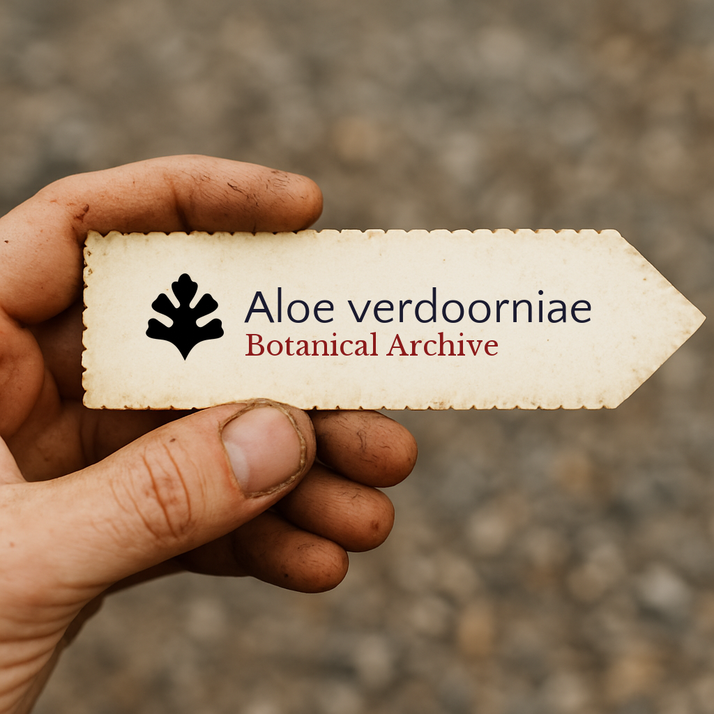 Printed botanical archive label for Aloe verdoorniae held in hand with dirt-stained fingers