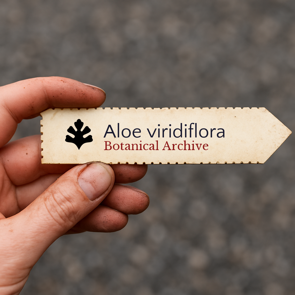 Printed plant label for Aloe viridiflora Botanical Archive held by hand with dirt on fingers