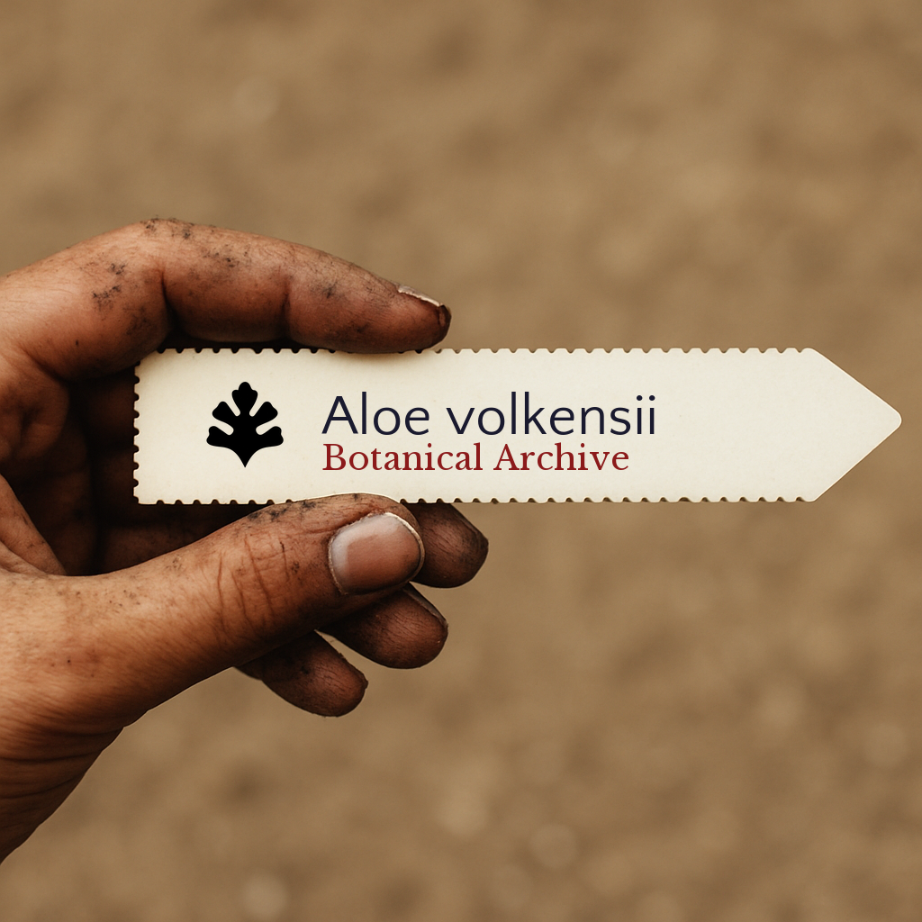 Etichetta stampata per pianta di Aloe volkensii tenuta da mano sporca contro sfondo sfocato