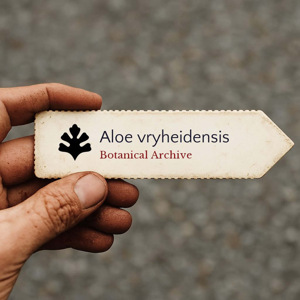 Etichetta stampata per pianta di Aloe vryheidensis con logo Botanical Archive tenuta a mano