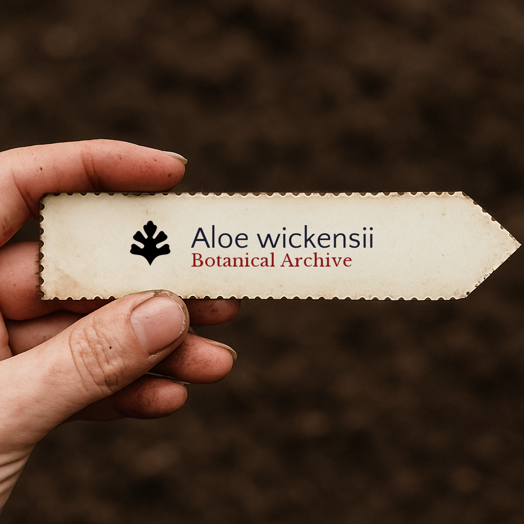 Printed plant label for Aloe wickensii with botanical archive logo held by hand