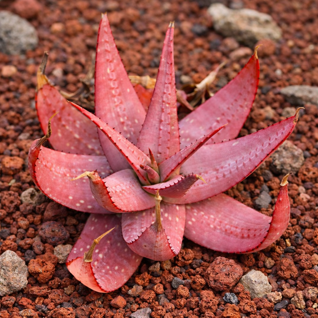 Succulenta Aloe microstigma con foglie spesse rossastre e piccole macchie bianche su terreno roccioso