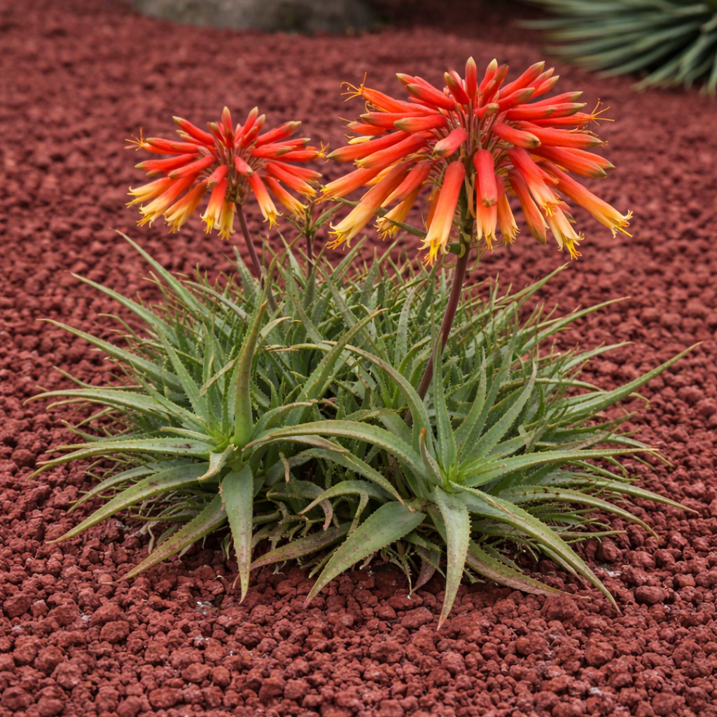 Aloe rabaiensis succulent with spiky green leaves and bright orange tubular flowers in red gravel