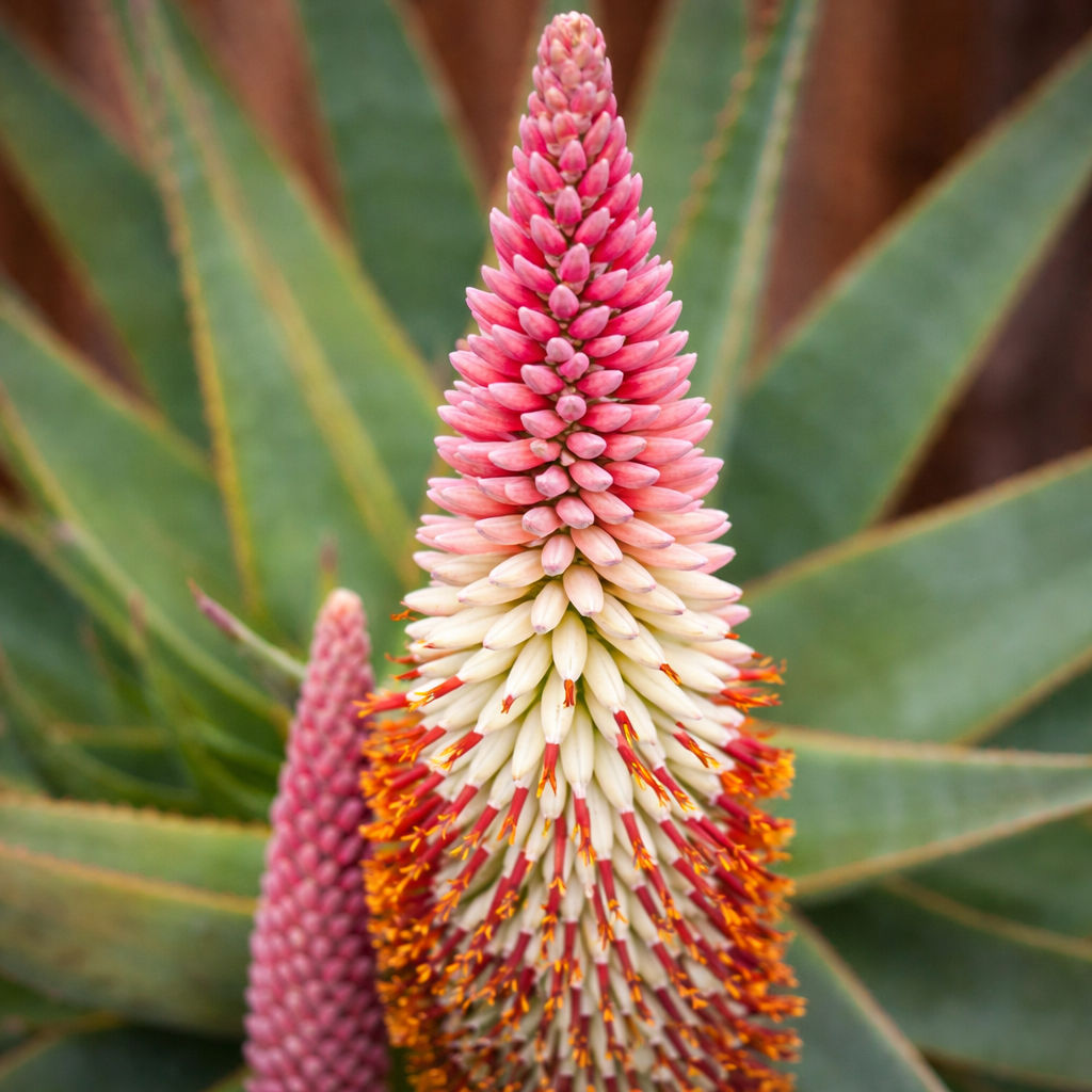 Aloe speciosa vibrant pink and orange flowering succulent with spiky green leaves