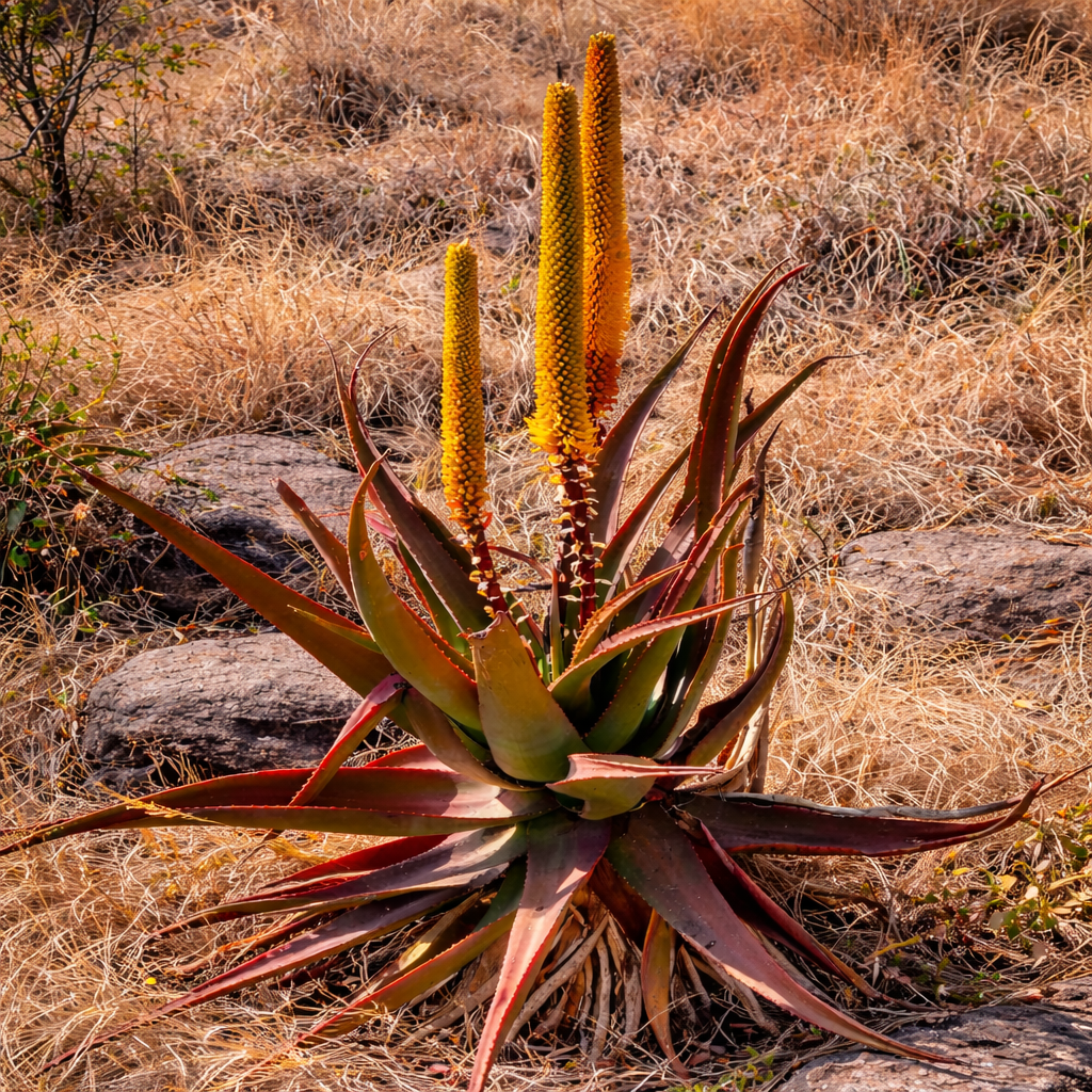 Aloe spicata succulent with tall yellow flower spikes and spiky reddish-green leaves in dry habitat